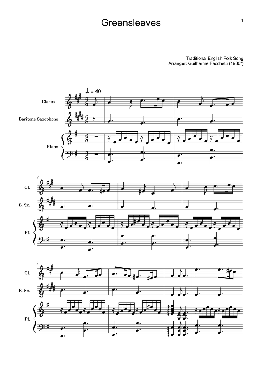 Greensleeves - Clarinet, B. Sax. and Piano. Score and Parts. Small Ensemble scores gallery preview page 1