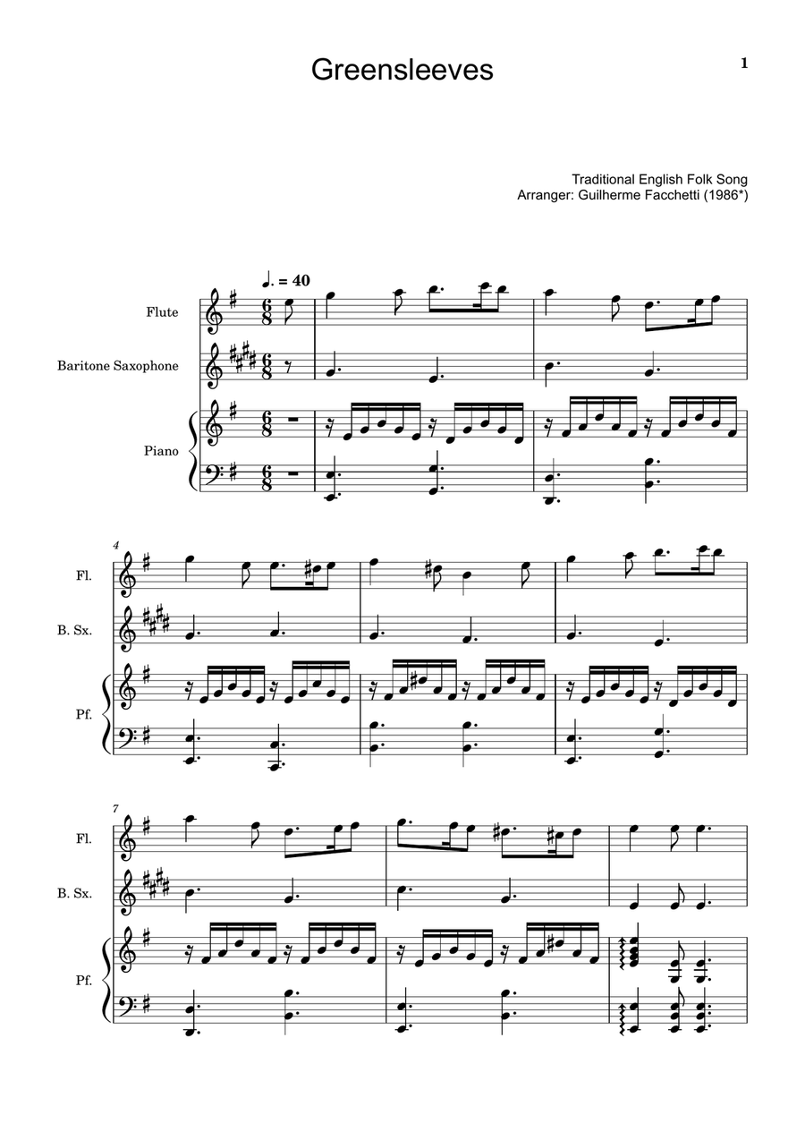 Greensleeves - Flute, B. Sax. and Piano. Score and Parts. Small Ensemble scores gallery preview page 1
