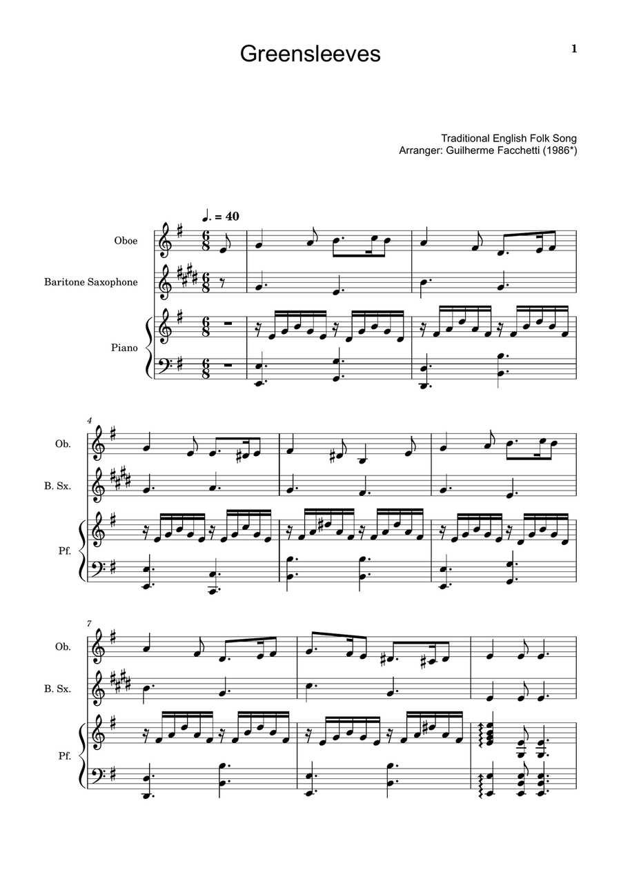 Greensleeves - Oboe, B. Sax. and Piano. Score and Parts. Small Ensemble scores gallery preview page 1