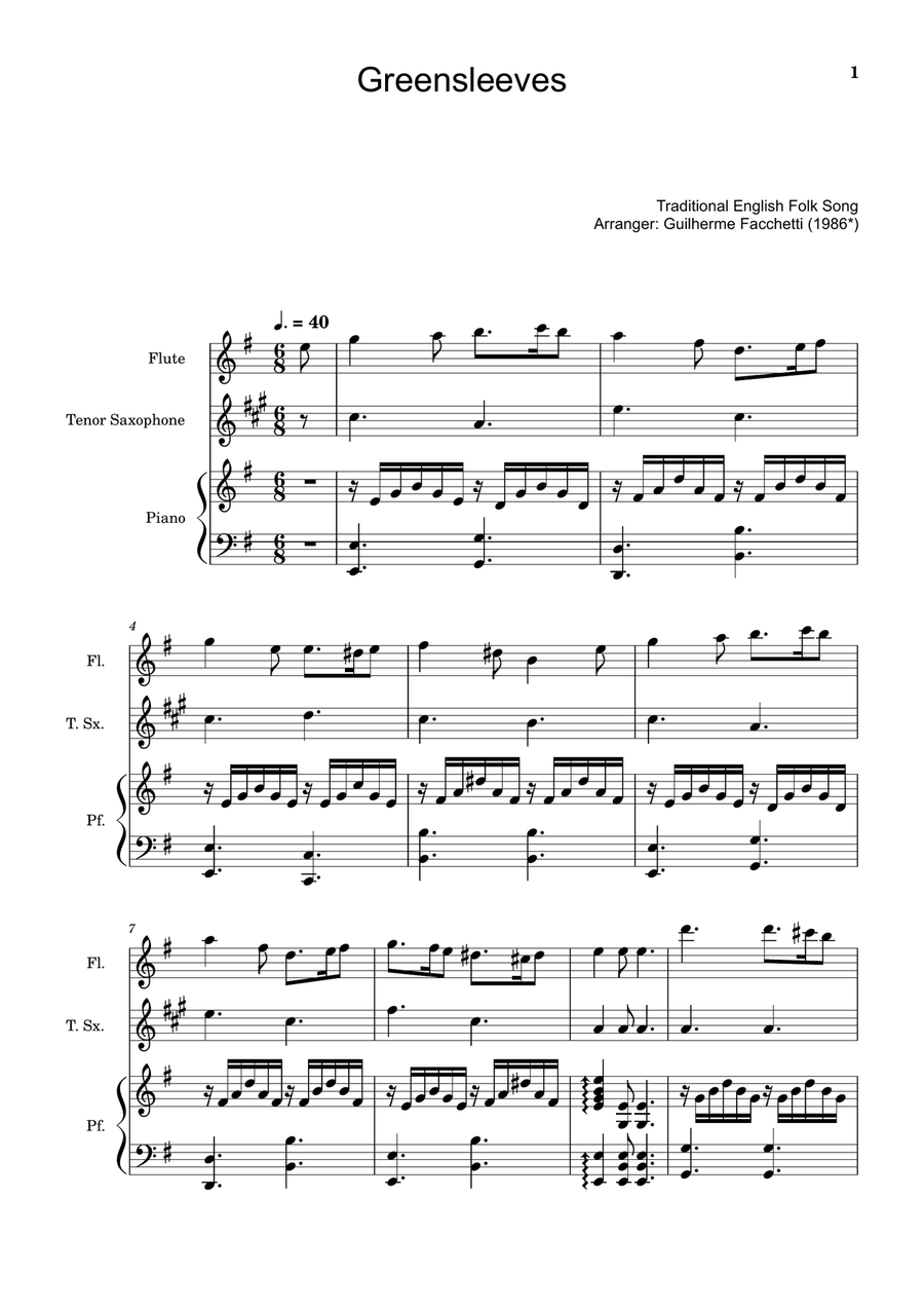 Greensleeves - Flute, T. Sax. and Piano. Score and Parts. Small Ensemble scores gallery preview page 1