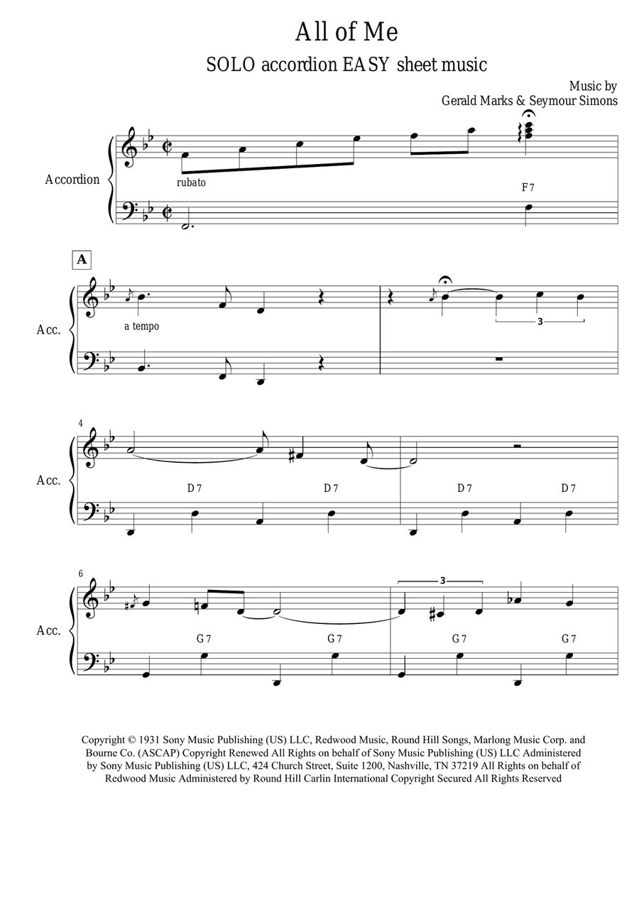 All of Me (SOLO accordion EASY) Accordion scores gallery preview page 1