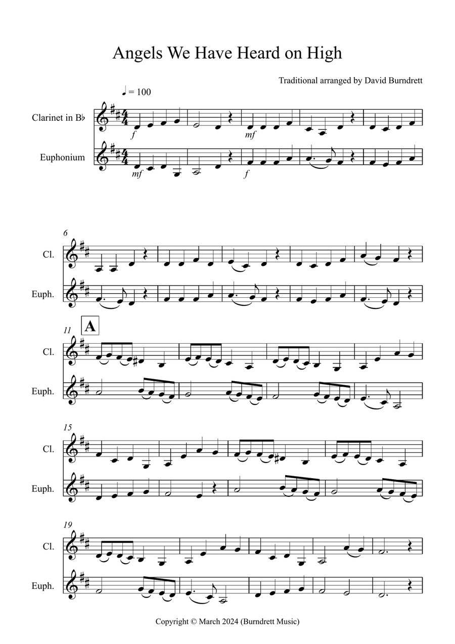 Angels We Have Heard on High for Clarinet and Euphonium Duet Euphonium Duet scores gallery preview page 1