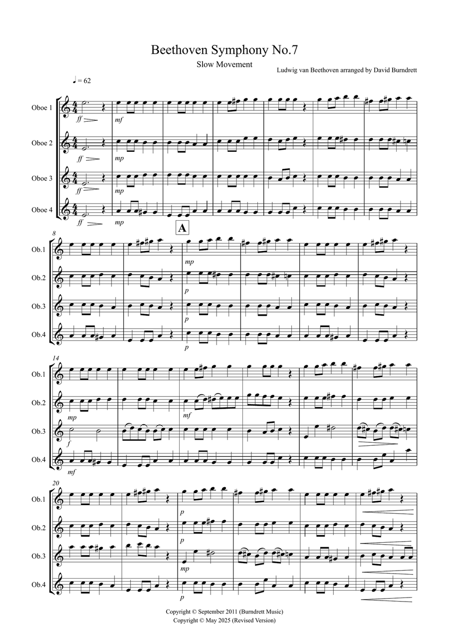 Beethoven Symphony No.7 (slow movement) for Oboe Quartet Woodwind Quartet scores gallery preview page 1