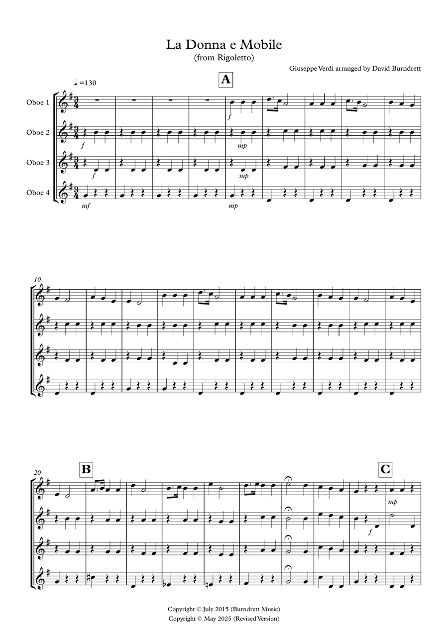 La Donna e Mobile (from Rigoletto) for Oboe Quartet Woodwind Quartet scores gallery preview page 1