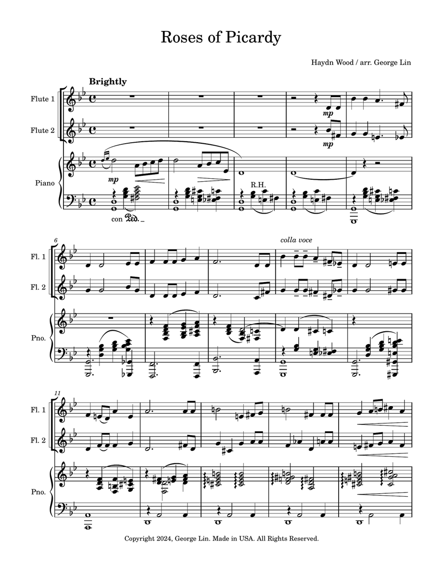 Roses of Picardy (Haydn Wood). Arranged for (2) flutes with piano accompaniment. Flute Duet scores gallery preview page 1