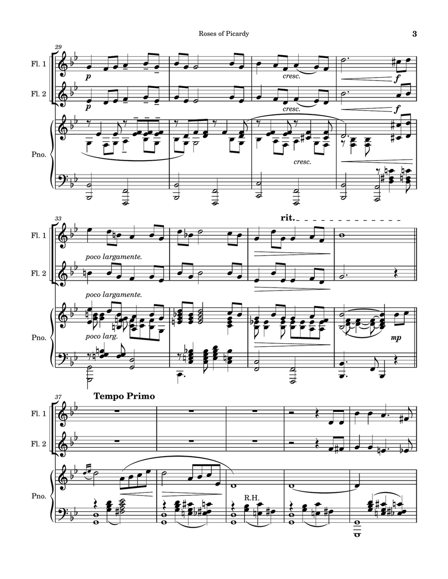 Roses of Picardy (Haydn Wood). Arranged for (2) flutes with piano accompaniment. Flute Duet scores gallery preview page 3