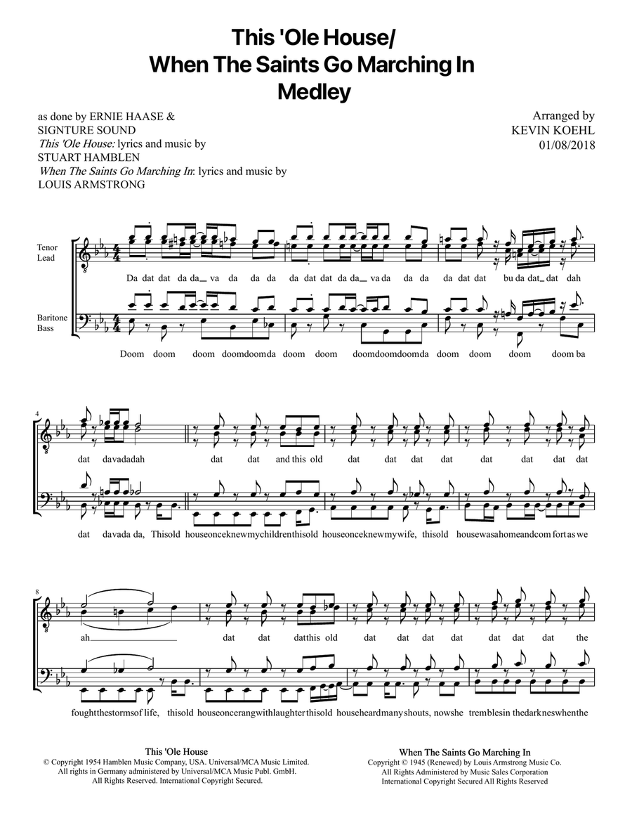 Medley: This Ole House with When The Saints Go Marching In TTBB scores gallery preview page 1
