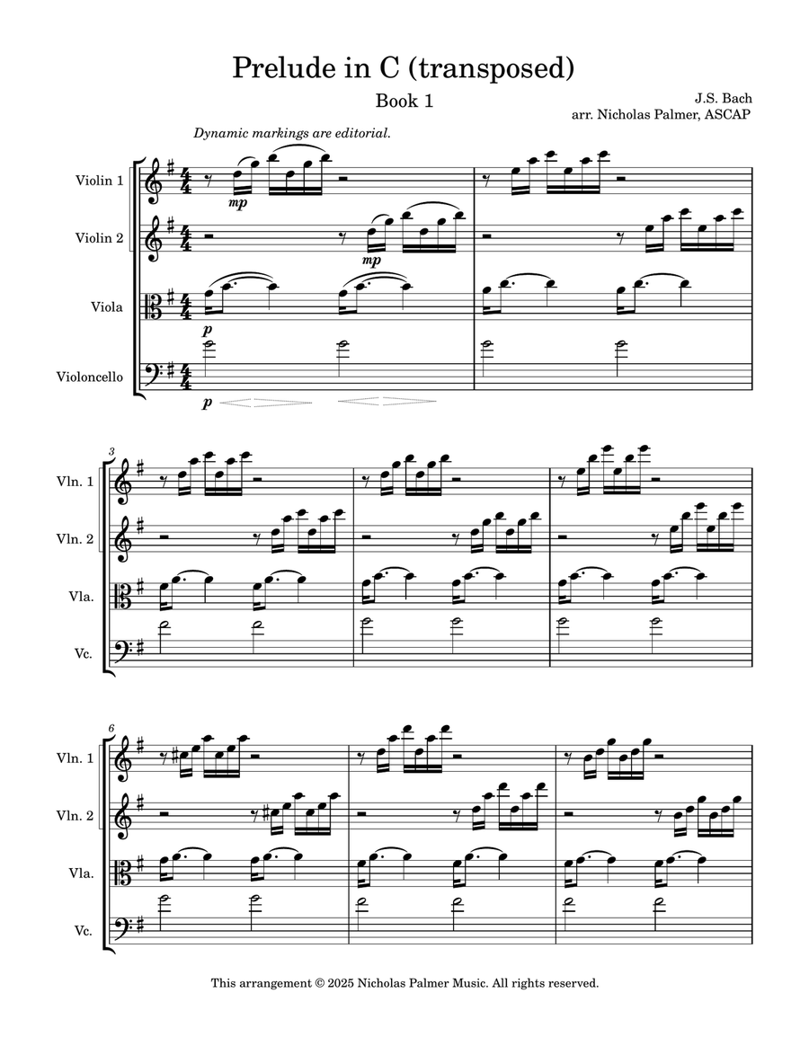 Prelude in C (transposed) from the Well-tempered Clavier Book 1 String Quartet scores gallery preview page 1