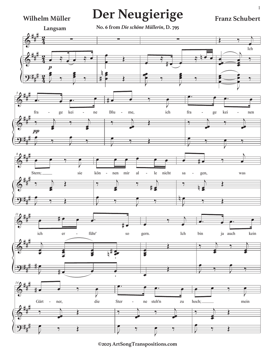 SCHUBERT: Der Neugierige, D. 795 no. 6 (transposed to A major) Piano, Vocal scores gallery preview page 2