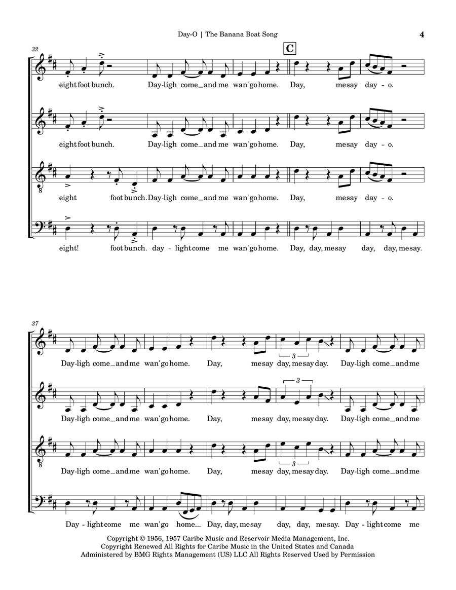 Day-O (The Banana Boat Song) 4-Part scores gallery preview page 4