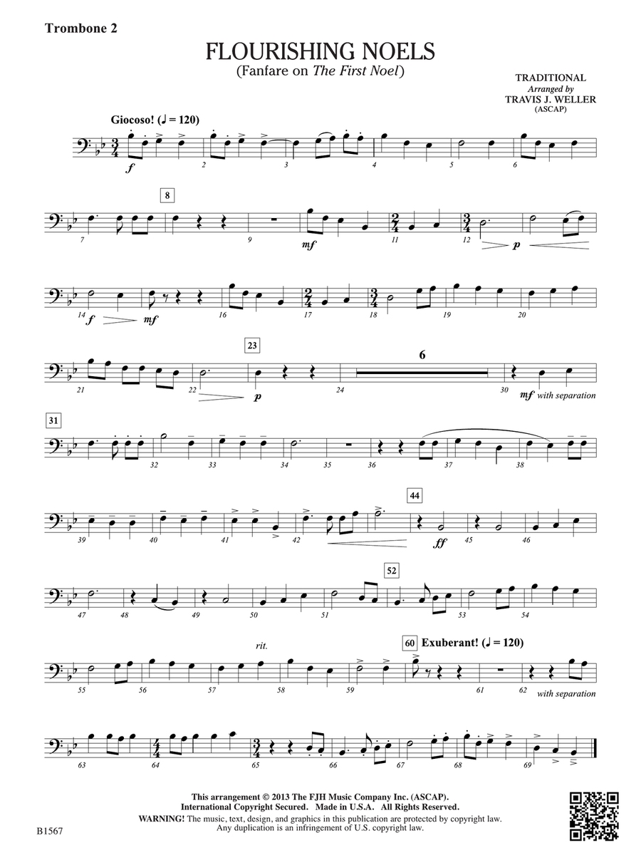Flourishing Noels (Fanfare on The First Noel): Trombone 2 Trombone scores gallery preview page 1