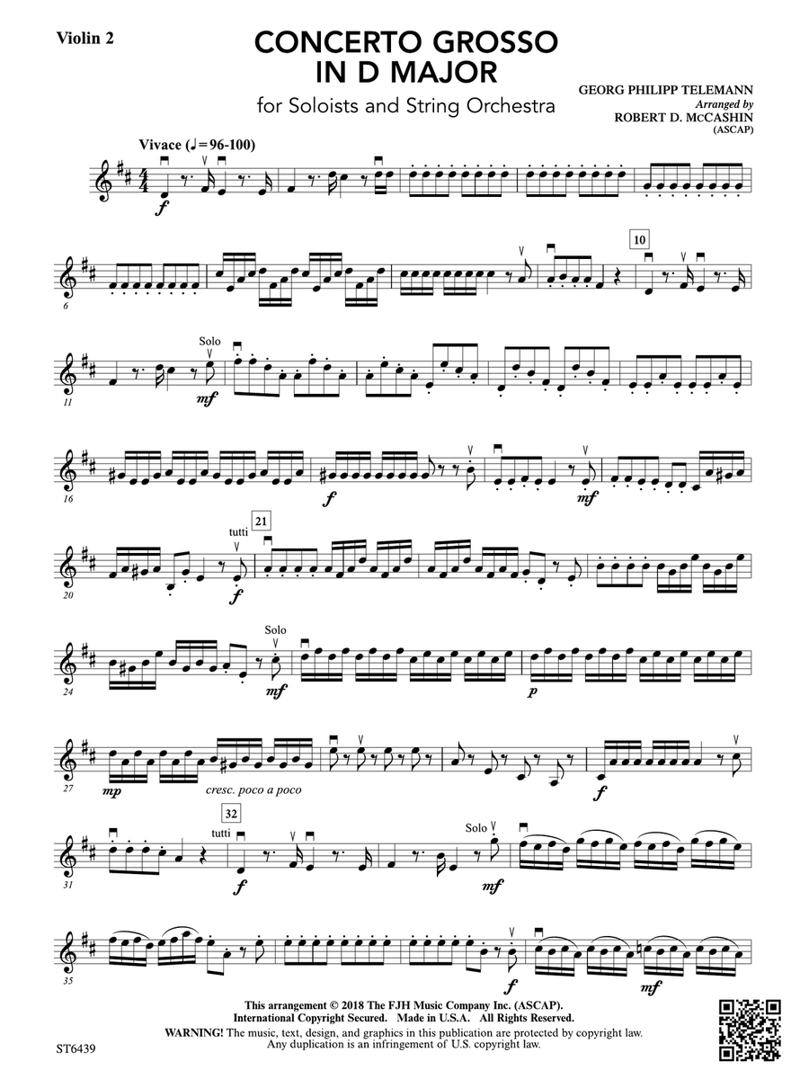 Concerto Grosso in D Major: Violin 2 Violin scores gallery preview page 1
