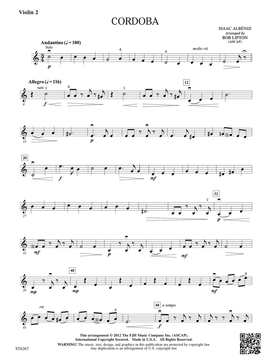 Cordoba: Violin 2 Cordoba: Violin 2 Violin scores gallery preview page 1