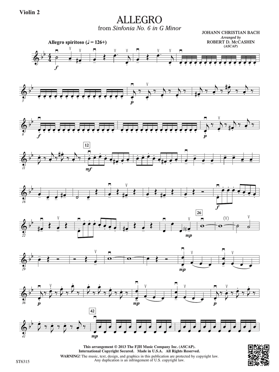 Allegro from Sinfonia No. 6: Violin 2 Violin scores gallery preview page 1
