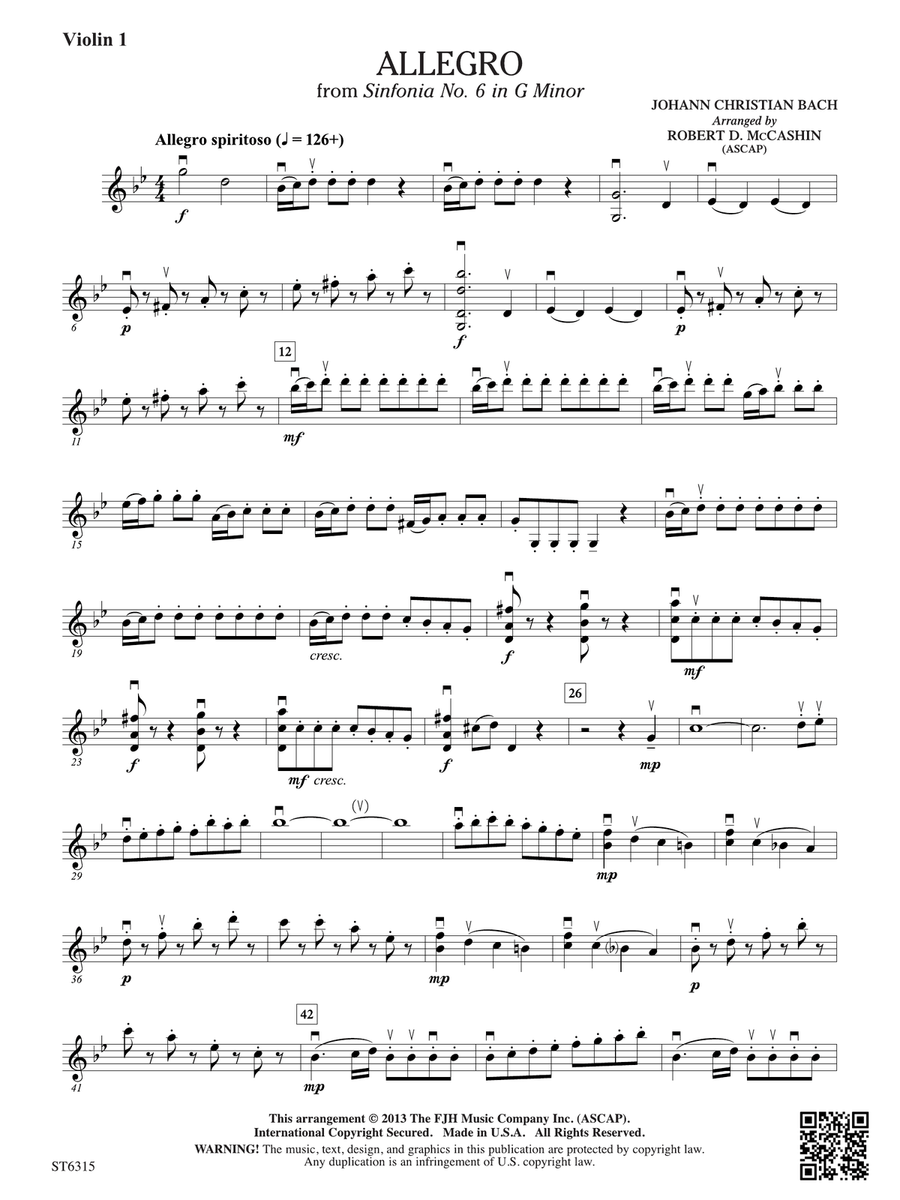 Allegro from Sinfonia No. 6: Violin 1 Violin scores gallery preview page 1