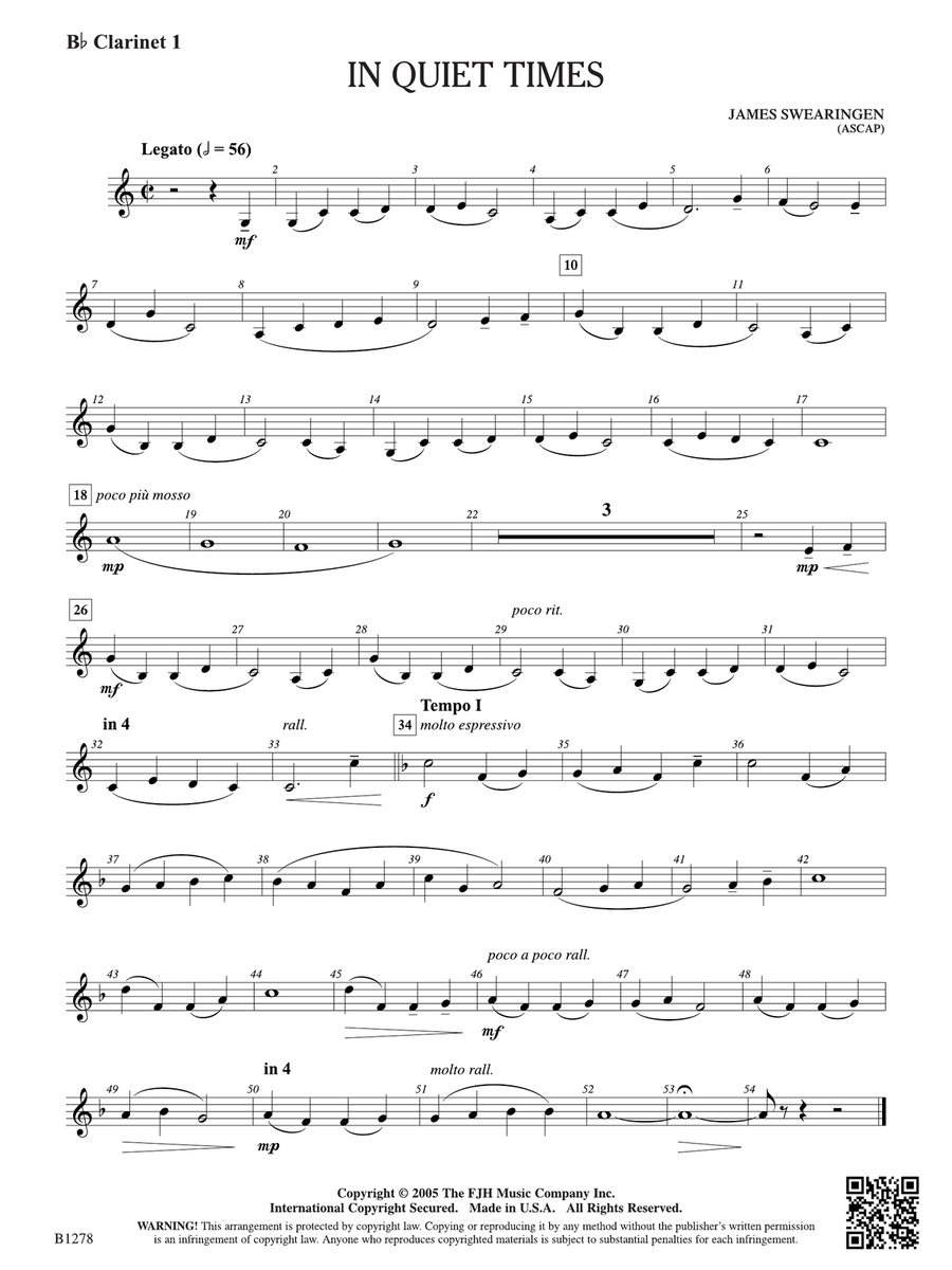 In Quiet Times: B-flat Clarinet 1 B-Flat Clarinet scores gallery preview page 1