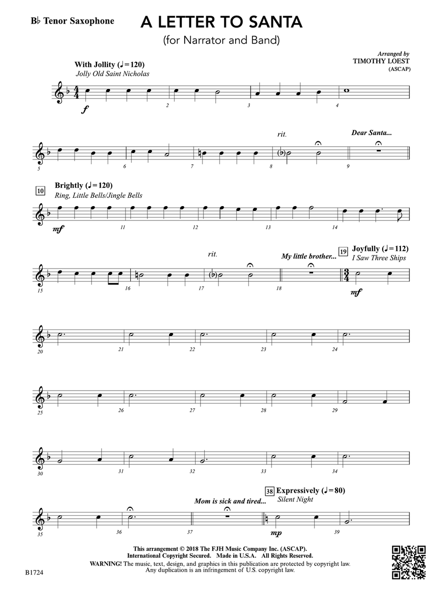 A Letter to Santa: B-flat Tenor Saxophone Tenor Saxophone scores gallery preview page 1