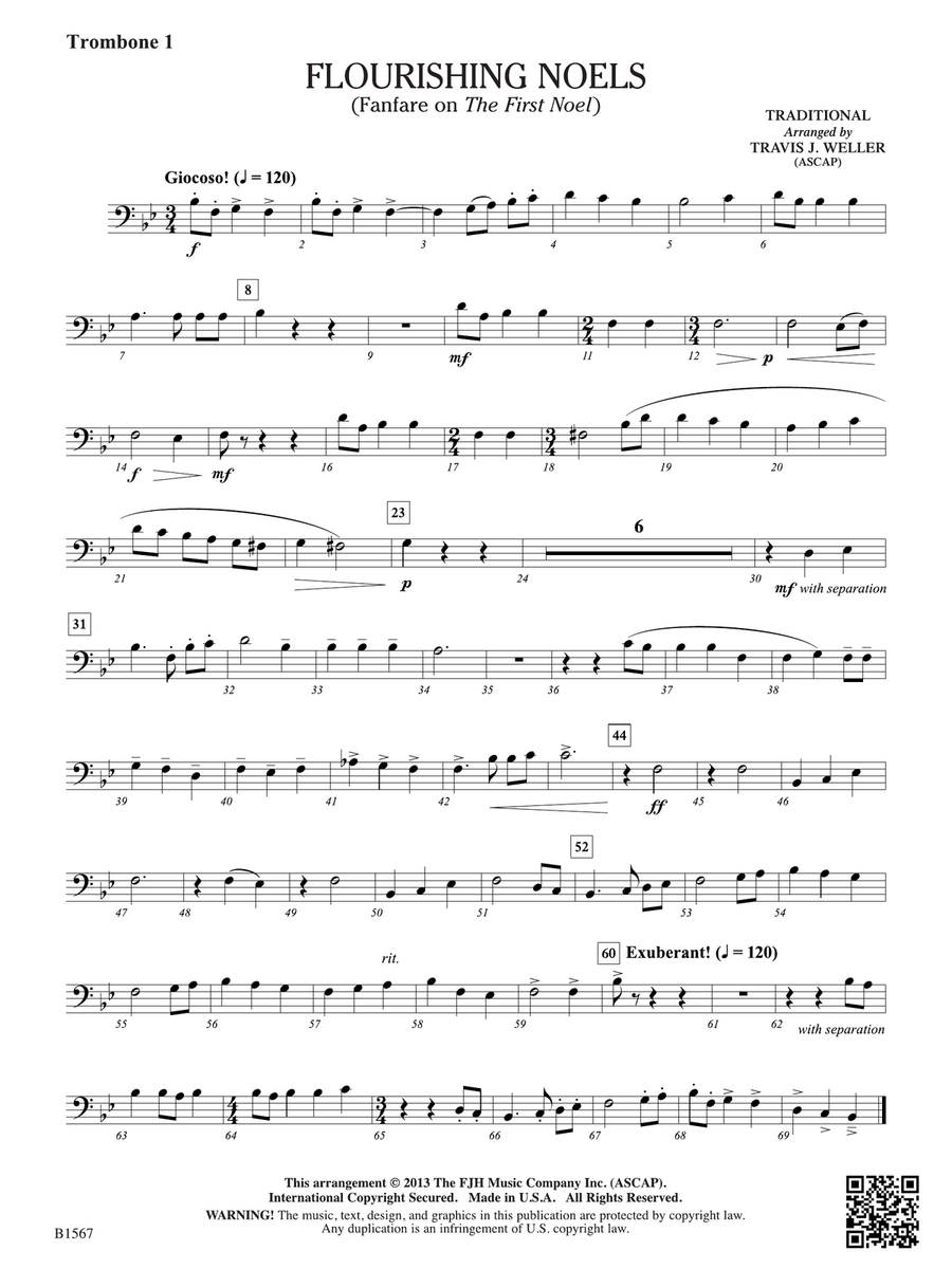 Flourishing Noels (Fanfare on The First Noel): Trombone 1 Trombone scores gallery preview page 1
