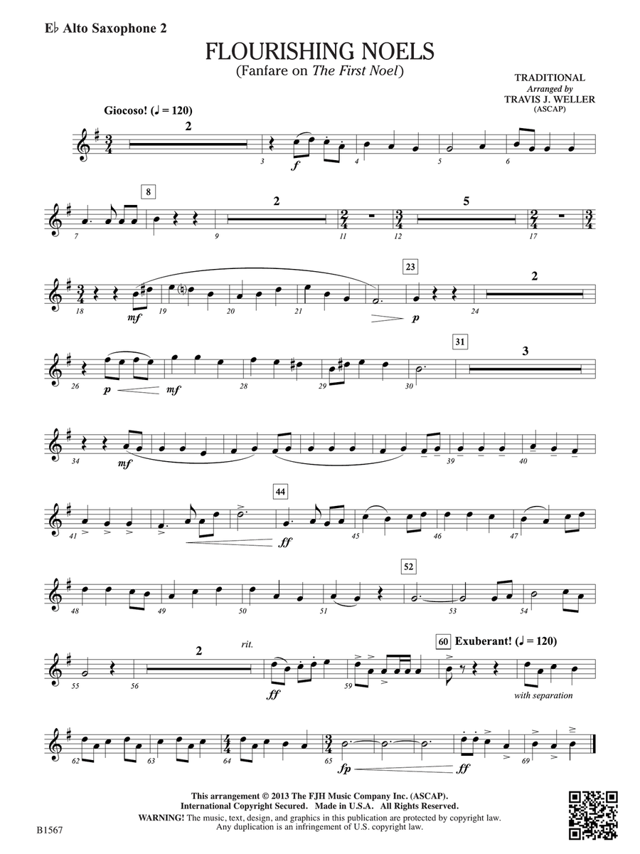 Flourishing Noels (Fanfare on The First Noel): E-flat Alto Saxophone 2 Alto Saxophone scores gallery preview page 1