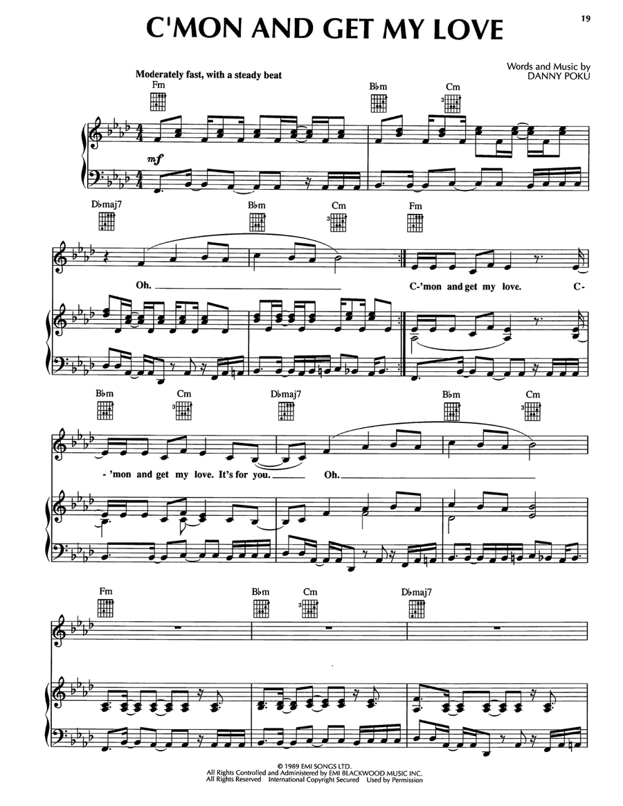 C'mon And Get My Love (feat. Cathy Dennis) Piano, Vocal, Guitar scores gallery preview page 1