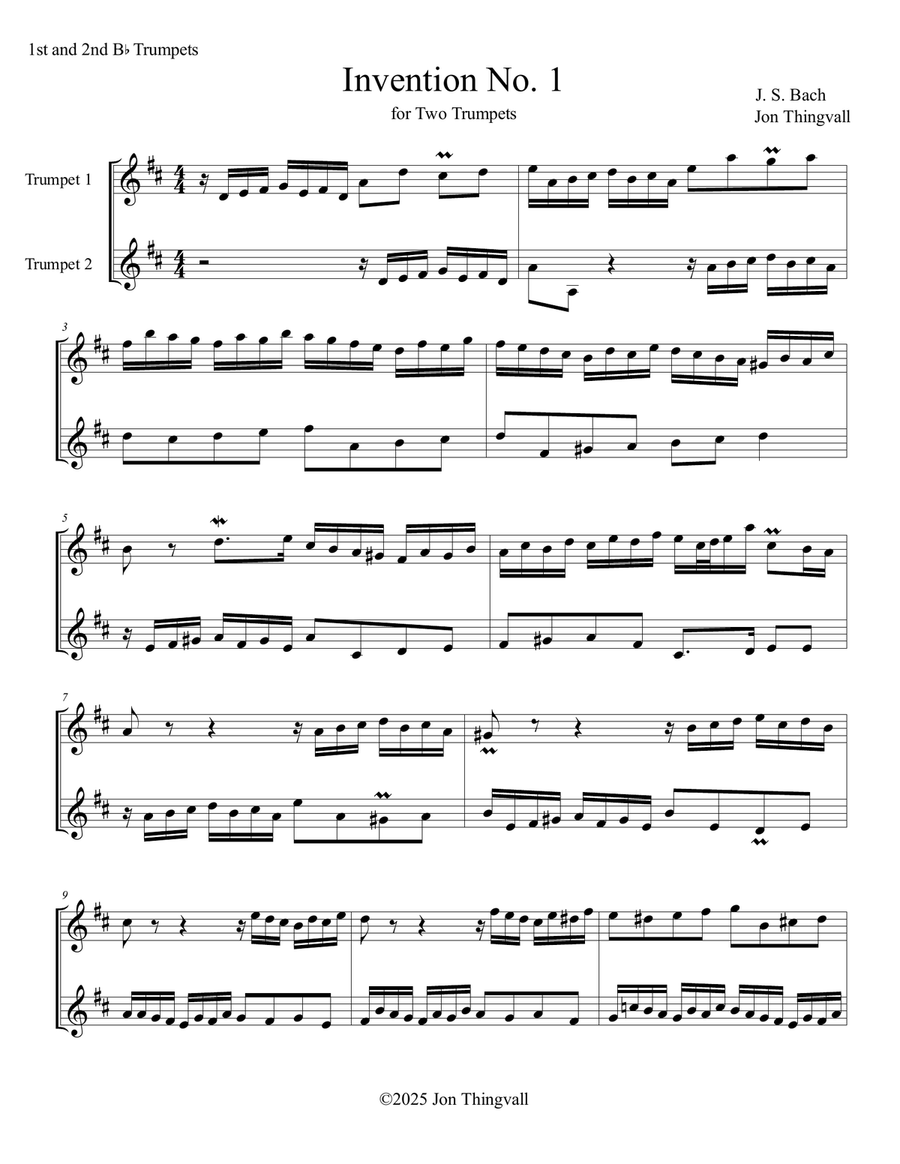 Invention 1 (Two-Part Invention) Trumpet Duet scores gallery preview page 1