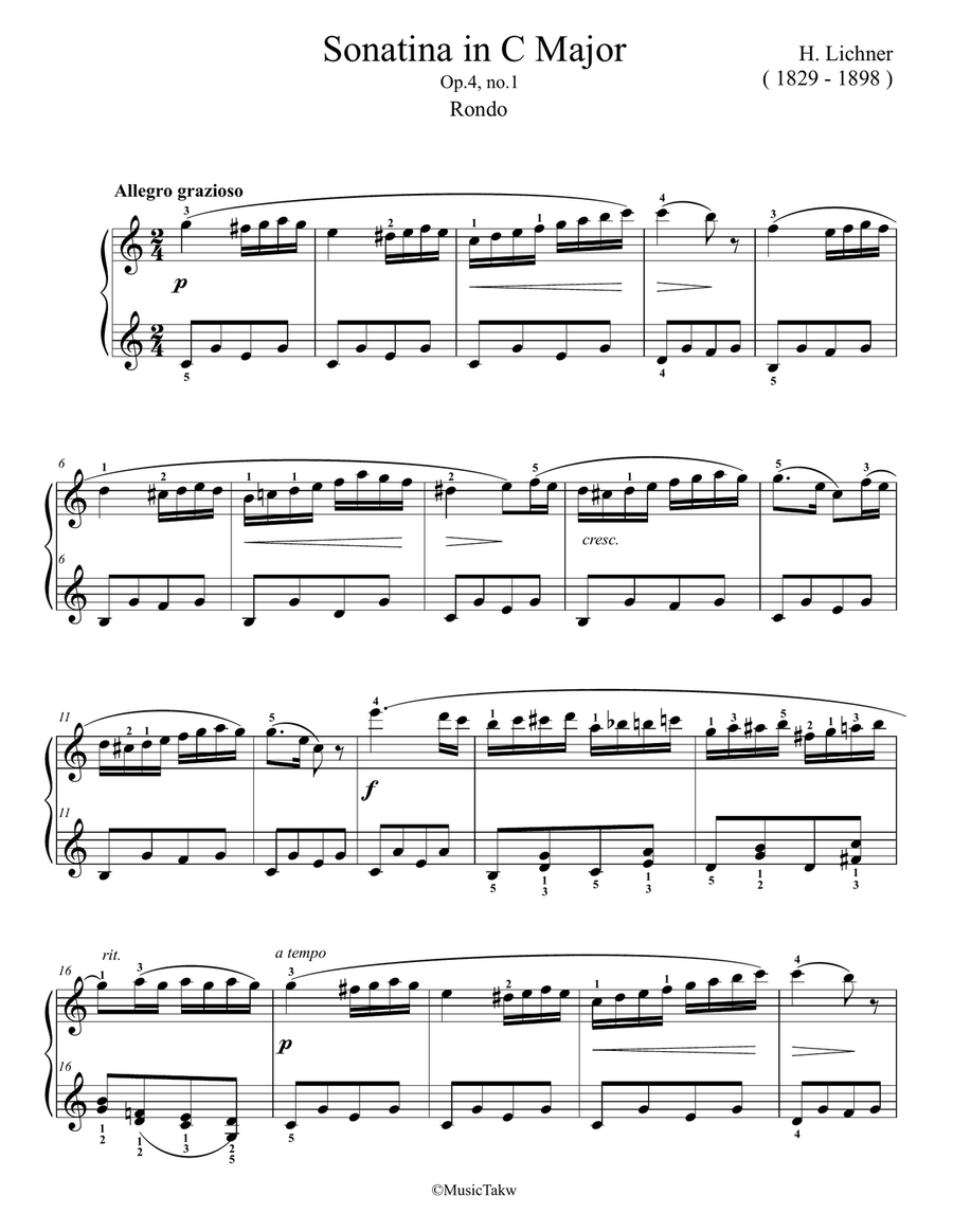 Lichner Sonatina in C Major Op.4, No.1, Rondo Easy Piano scores gallery preview page 1