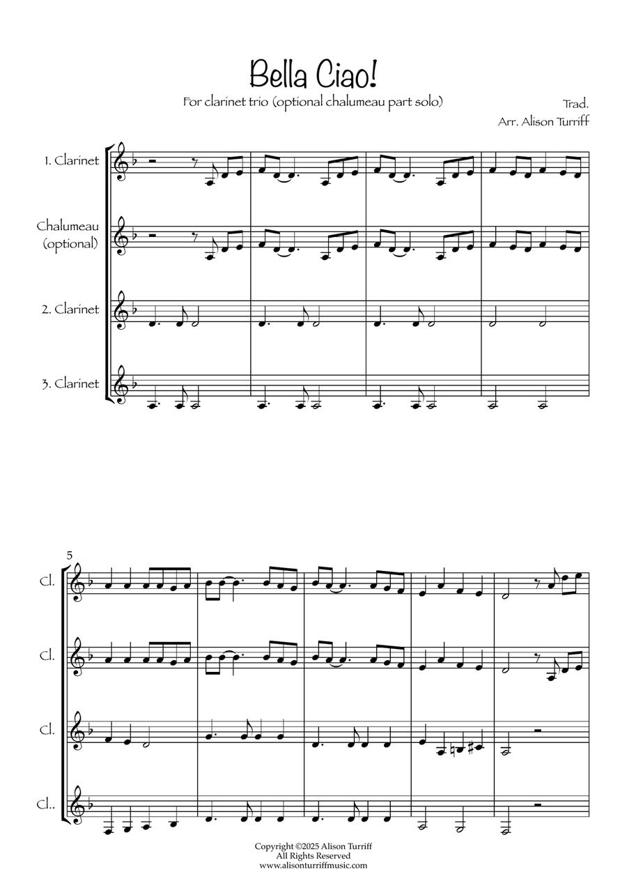 Bella Ciao for 3 clarinets (easy) - with optional chalumeau solo Clarinet Trio scores gallery preview page 2