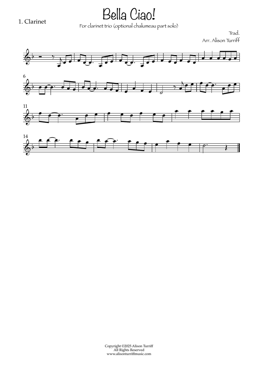 Bella Ciao for 3 clarinets (easy) - with optional chalumeau solo Clarinet Trio scores gallery preview page 4
