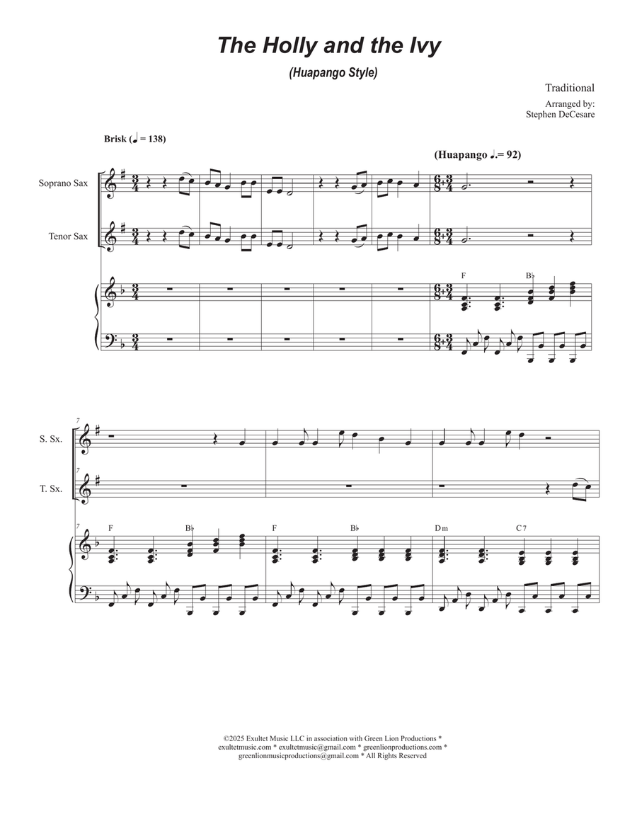 The Holly and the Ivy (Huapango Style) (Duet for Soprano and Tenor Saxophone) Woodwind Duet scores gallery preview page 1