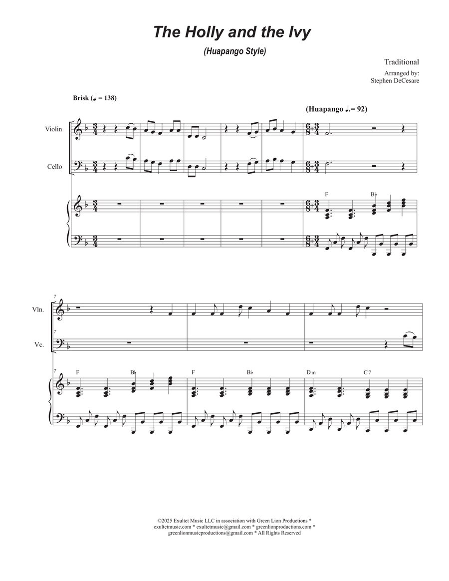 The Holly and the Ivy (Huapango Style) (Duet for Violin and Cello) Piano Trio scores gallery preview page 1