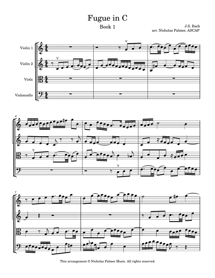 Fugue in C (Book 1 of the Well-tempered Clavier) String Quartet scores gallery preview page 1