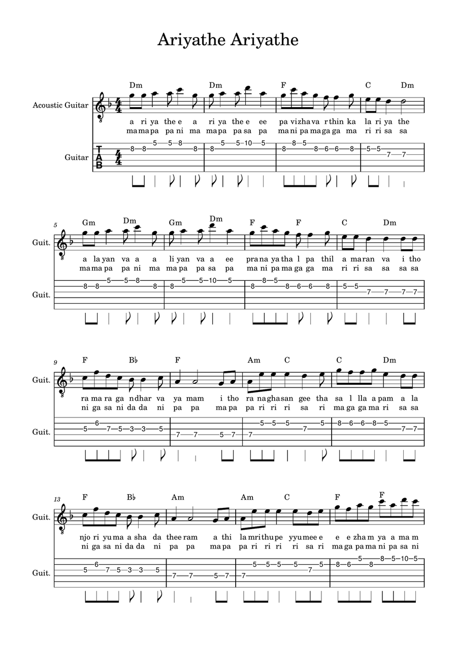 Ariyathe Ariyathe ee pavizha Guitar Tablature scores gallery preview page 1