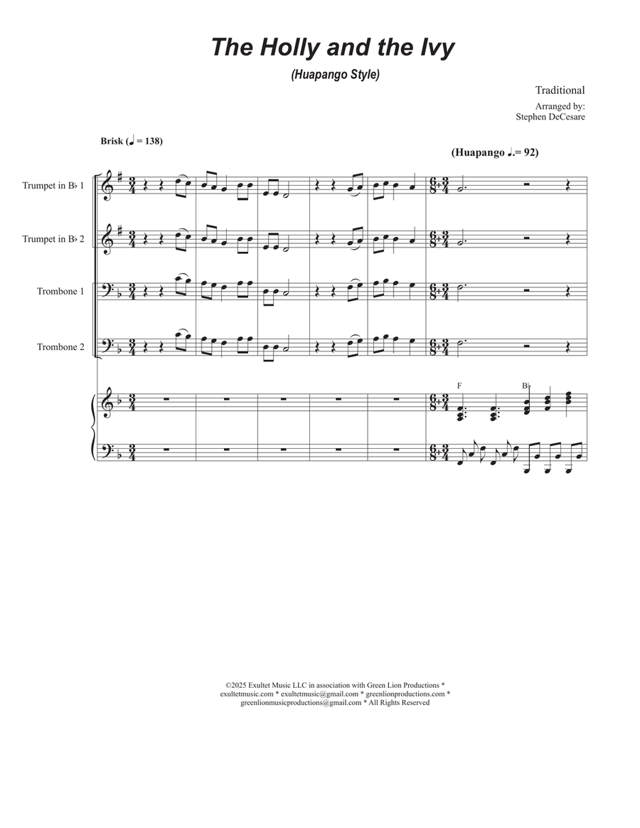 The Holly and the Ivy (Huapango Style) (Brass Quartet and Piano - Alternate Version) Brass Quartet scores gallery preview page 1