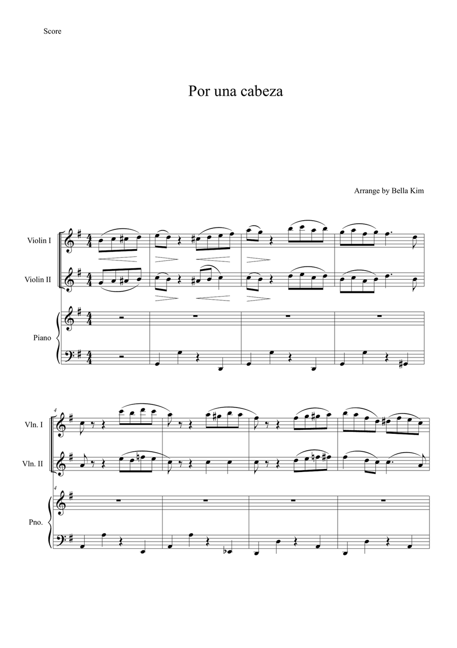 Por una Cabeza – for Violin 1, Violin 2 & Piano (Intermediate Level) String Duet scores gallery preview page 1