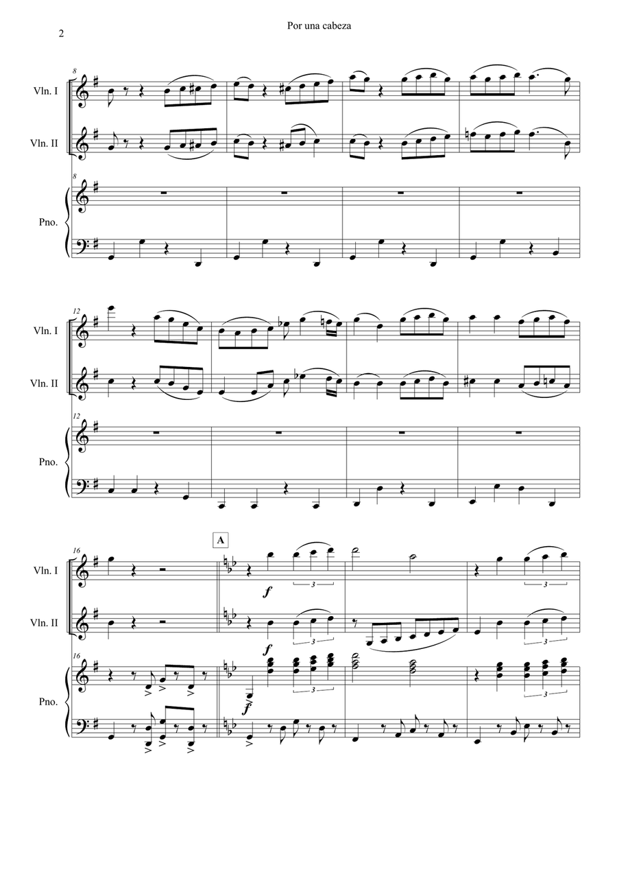 Por una Cabeza – for Violin 1, Violin 2 & Piano (Intermediate Level) String Duet scores gallery preview page 2