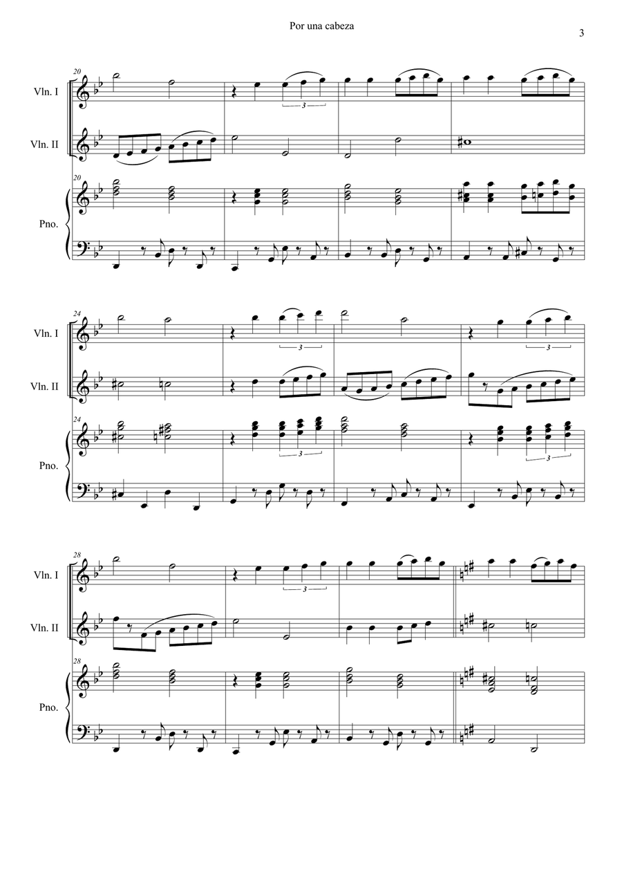 Por una Cabeza – for Violin 1, Violin 2 & Piano (Intermediate Level) String Duet scores gallery preview page 3