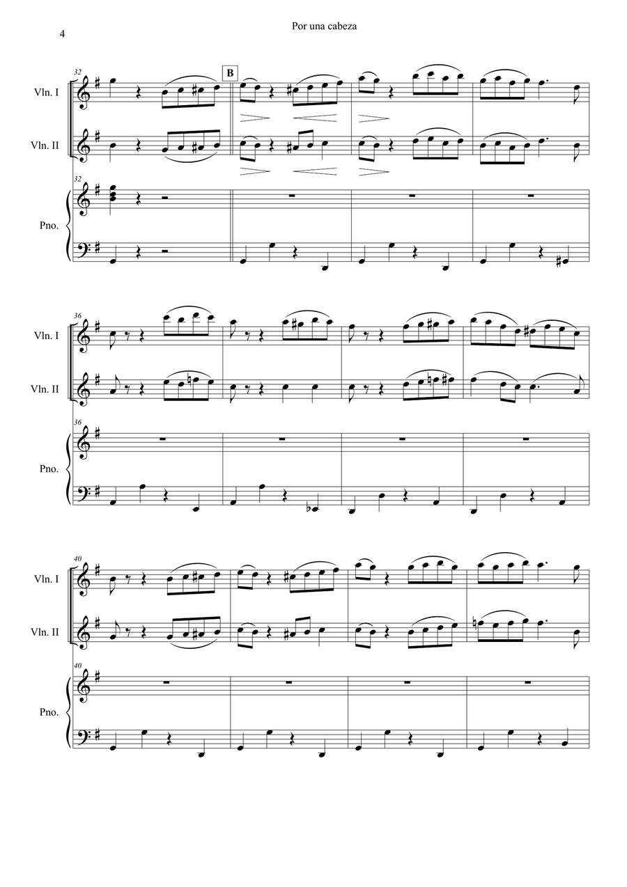 Por una Cabeza – for Violin 1, Violin 2 & Piano (Intermediate Level) String Duet scores gallery preview page 4