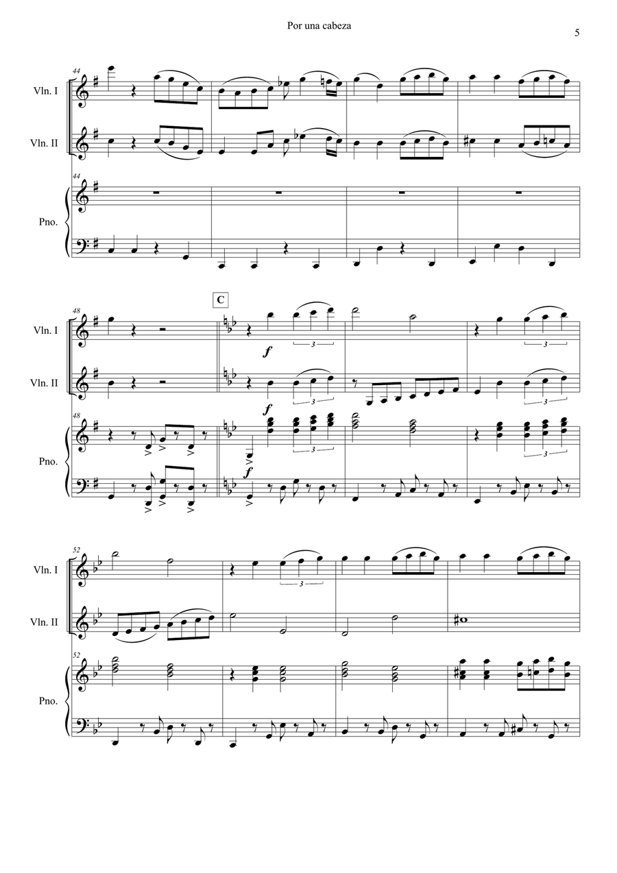 Por una Cabeza – for Violin 1, Violin 2 & Piano (Intermediate Level) String Duet scores gallery preview page 5