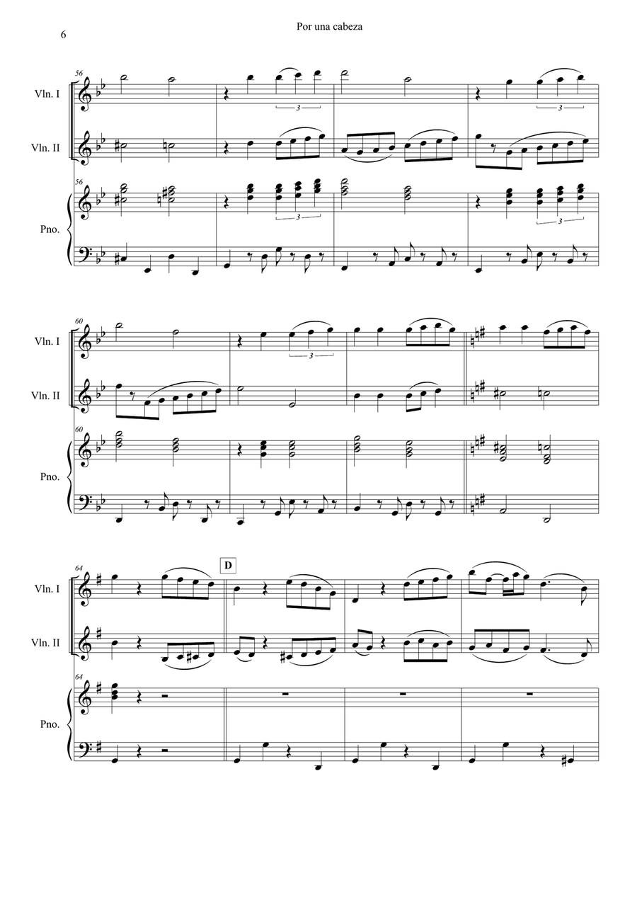 Por una Cabeza – for Violin 1, Violin 2 & Piano (Intermediate Level) String Duet scores gallery preview page 6