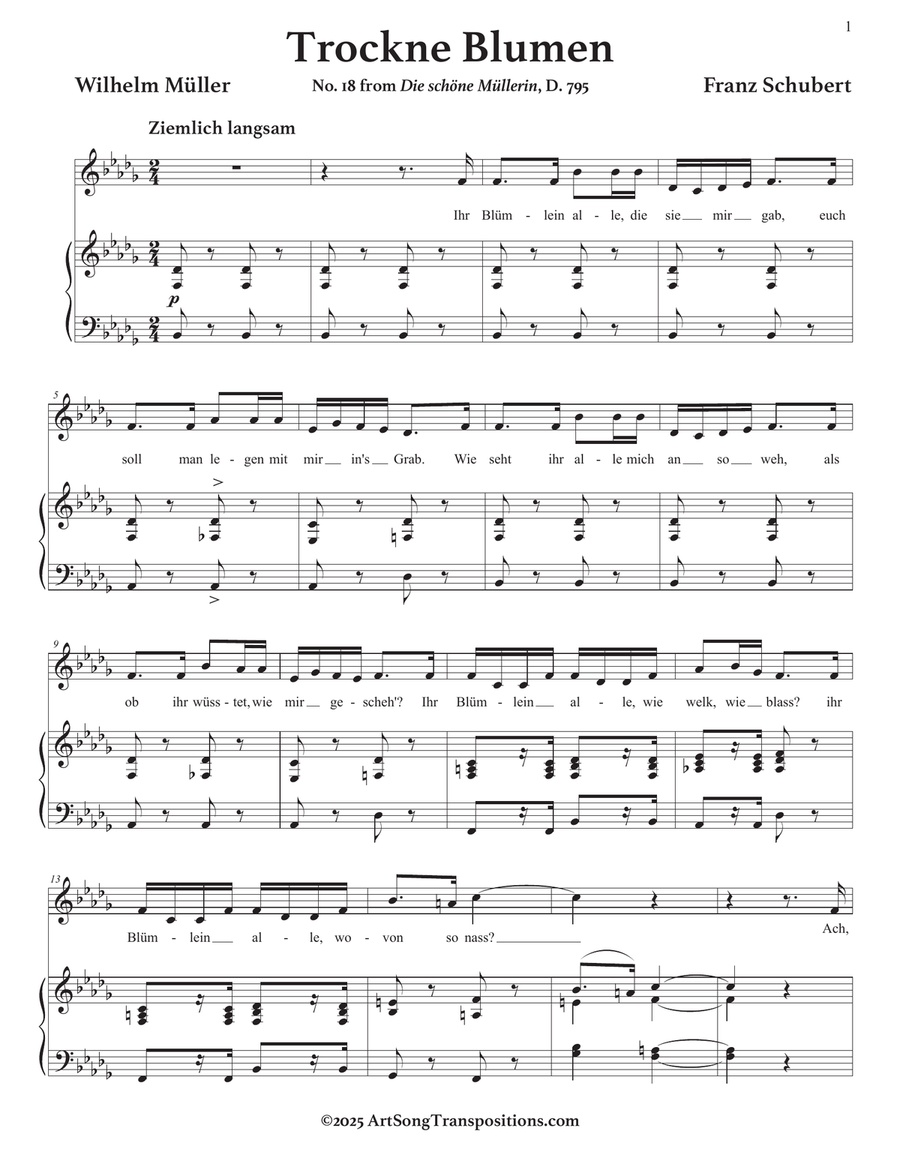 SCHUBERT: Trockne Blumen, D. 795 no. 18 (transposed to B-flat minor) Piano, Vocal scores gallery preview page 2