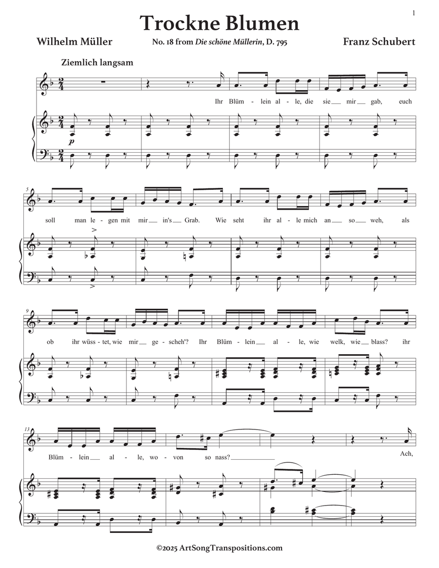 SCHUBERT: Trockne Blumen, D. 795 no. 18 (transposed to D minor) Piano, Vocal scores gallery preview page 2