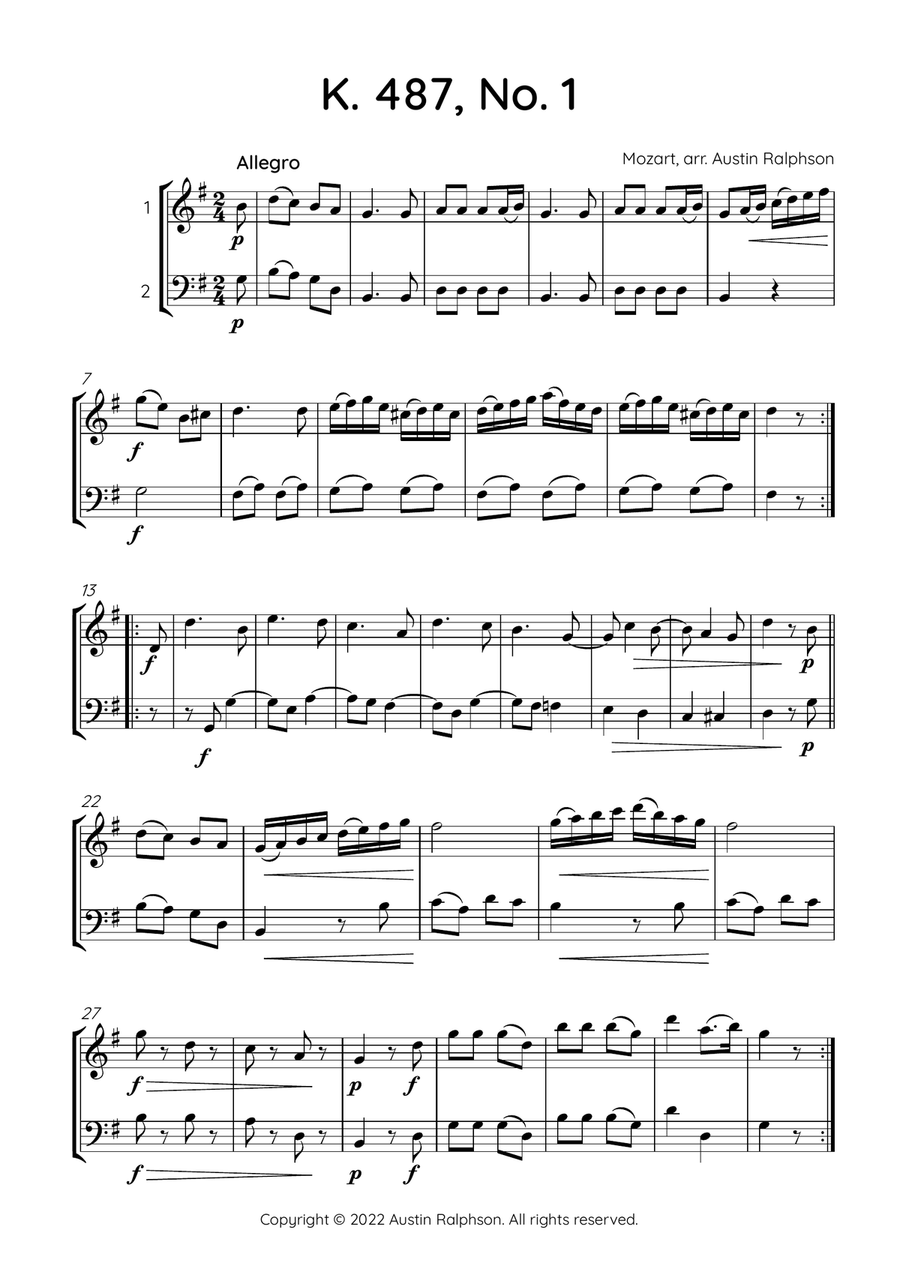 COMPLETE Mozart 12 duets, K. 487 - violin and cello duet String Duet scores gallery preview page 4