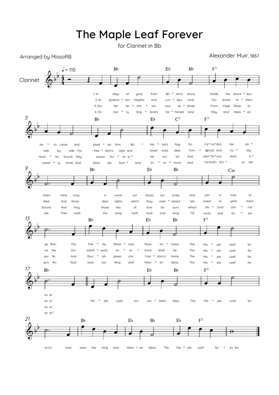 The Maple Leaf Forever - Solo Clarinet in Ab Major With Chords & Lyrics A Clarinet scores gallery preview page 1