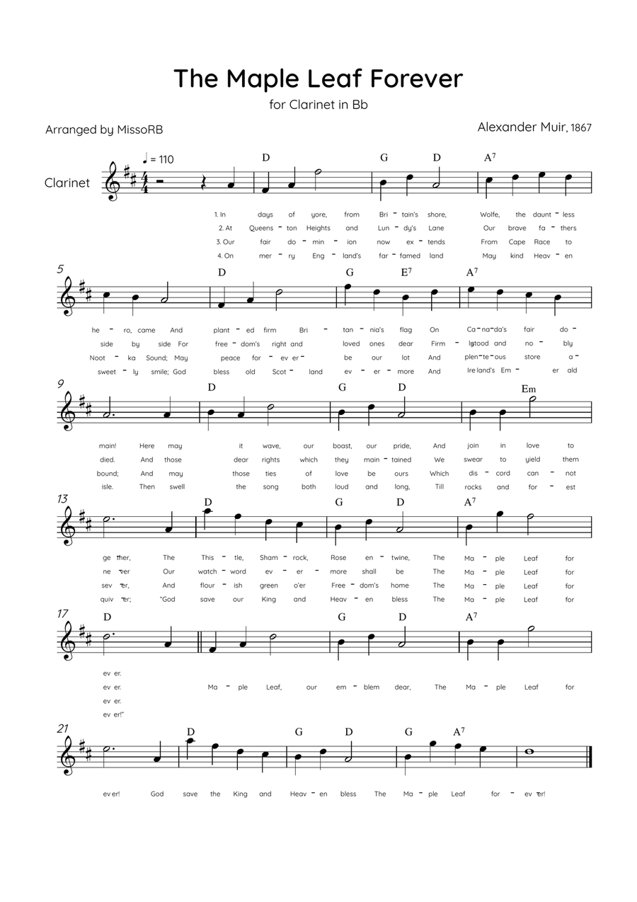 The Maple Leaf Forever - Solo Clarinet in C Major With Chords & Lyrics Bass Clarinet scores gallery preview page 1