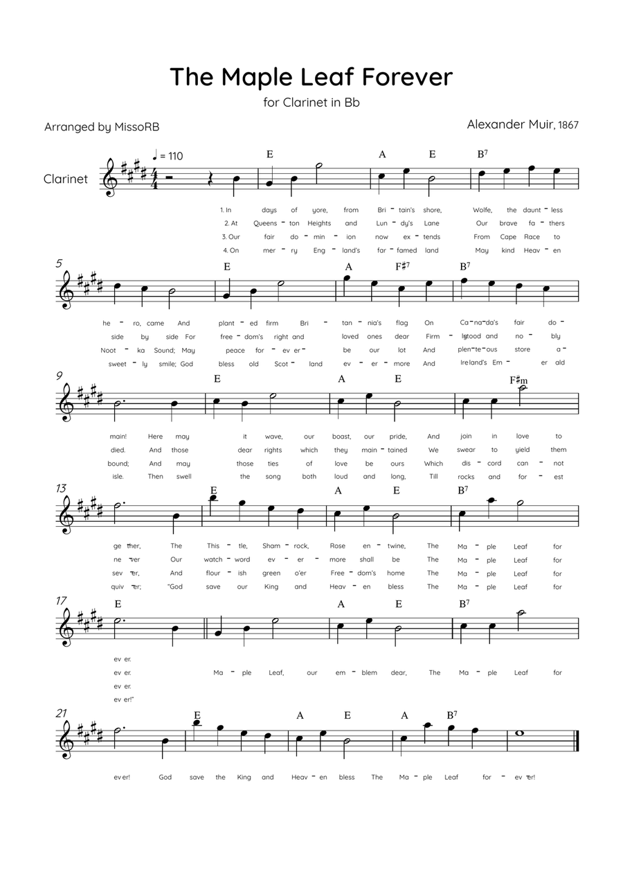 The Maple Leaf Forever - Solo Clarinet in D Major With Chords & Lyrics Bass Clarinet scores gallery preview page 1
