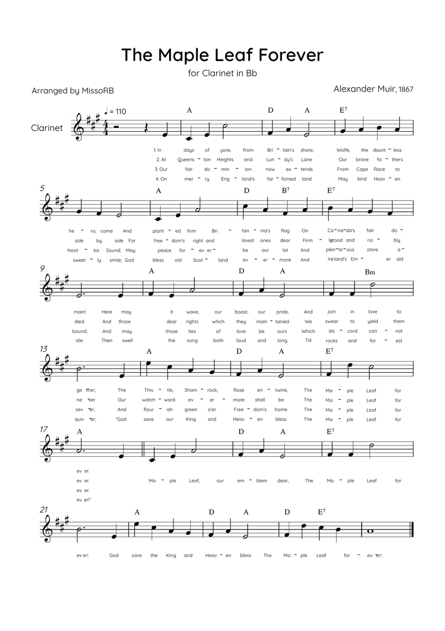 The Maple Leaf Forever - Solo Clarinet in G Major With Chords & Lyrics Bass Clarinet scores gallery preview page 1
