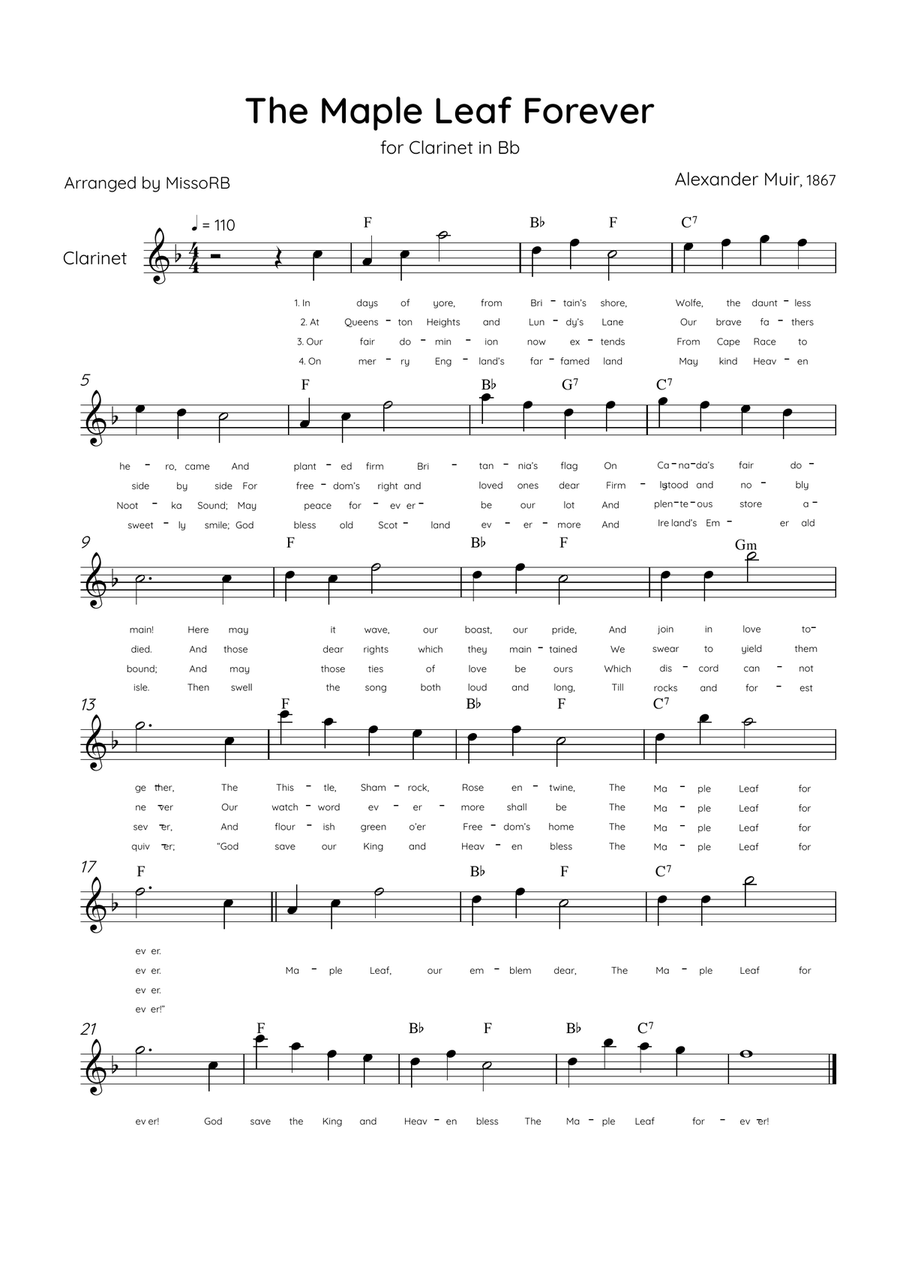 The Maple Leaf Forever - Solo Clarinet in Eb Major With Chords & Lyrics E-Flat Clarinet scores gallery preview page 1