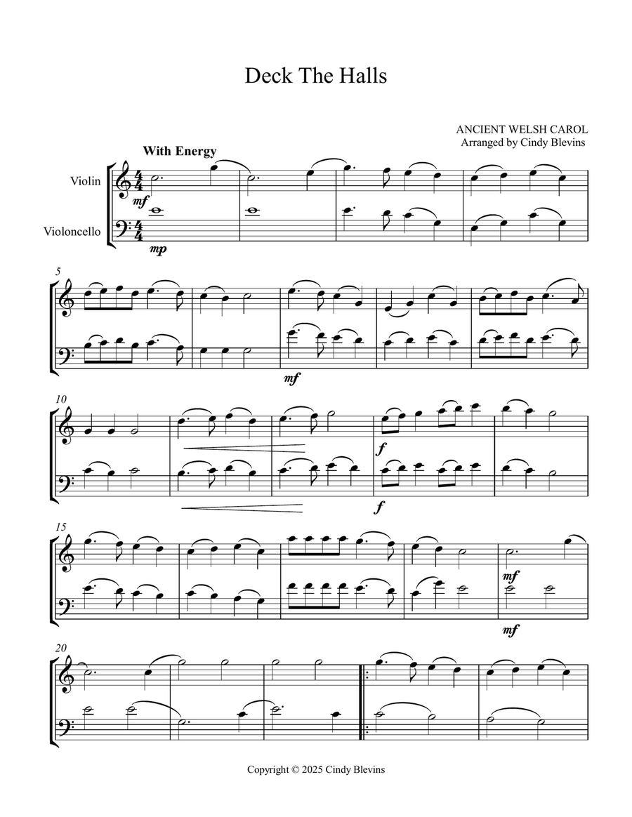 Deck the Halls, for Violin and Cello String Duet scores gallery preview page 3