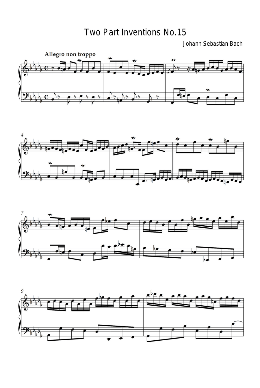 Two Part Inventions No.15 - Johann Sebastian Bach Piano Solo scores gallery preview page 1