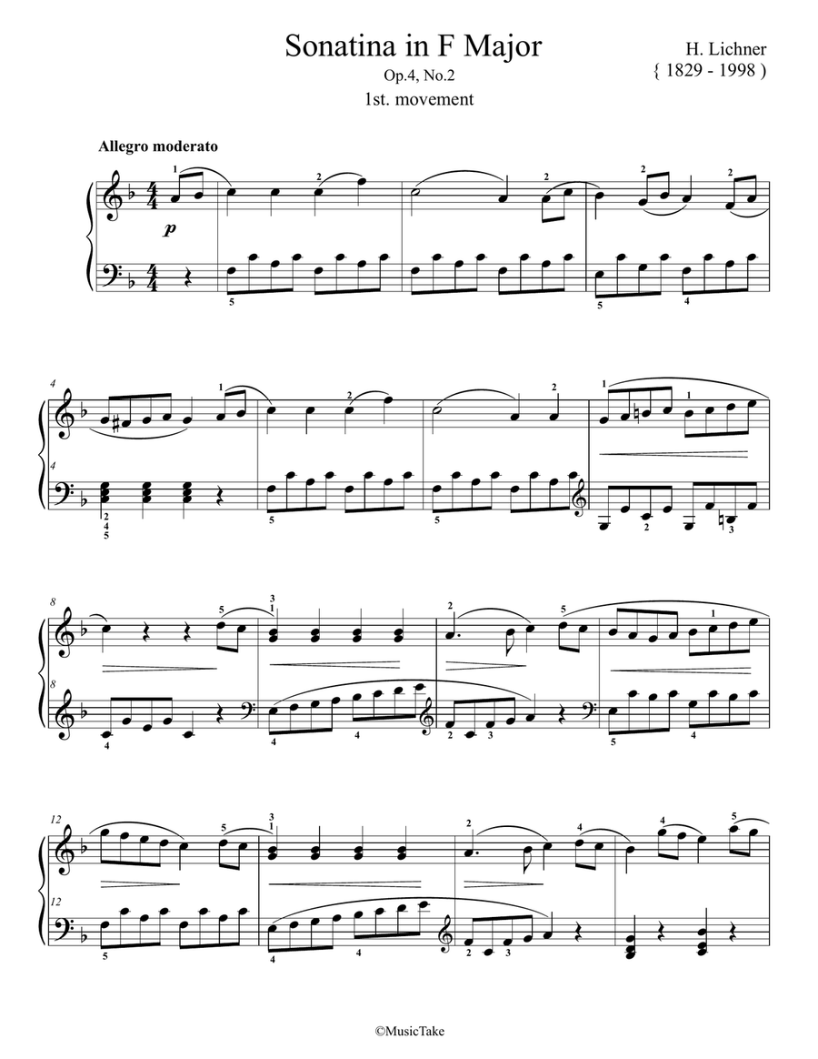 Lichner Sonatina in F Major Op.4, No.2, 1st movement Easy Piano scores gallery preview page 1